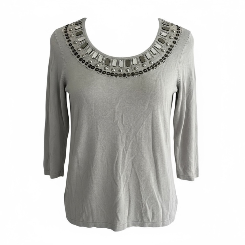Chicos Grey Silver Jeweled Beaded Embellished Knit Top Size Small Stretch